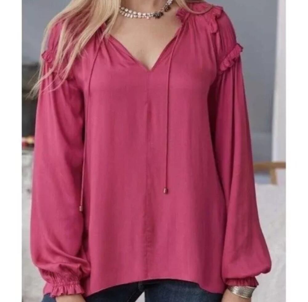 Sundance So In Love Blouse Top Peasant Ruffle Tie Neck Long Puff Sleeve Rayon M